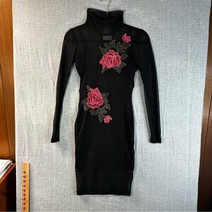 Love J Black Mesh Mini Dress Long Sleeve Pink Rose Embroidery Mock Neck Small
